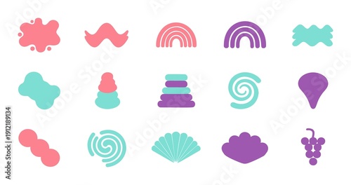 A collection of vibrant and playful geometric shapes and icons in pastel colors isolated on white