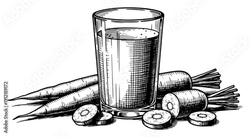 Fresh carrot juice glass with whole and sliced carrots in detailed vintage woodcut style