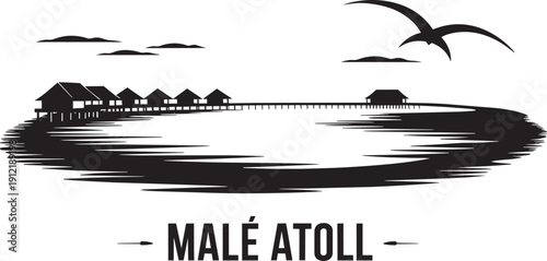 Male atoll silhouette overwater bungalows on stilts in turquoise lagoon, bird flies