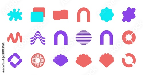 Collection of abstract colorful modern geometric shapes and symbols isolated on a white background