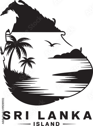 Sri lanka island map silhouette with tropical beach landscape palm trees and ocean waves vector