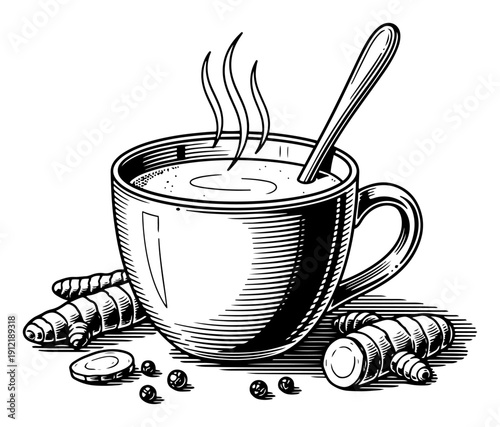 Cup of hot healthy ginger tea with fresh roots and spices in hand drawn style