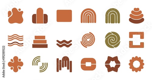 Collection of abstract organic shapes and geometric elements in earthy tones isolated on transparent background