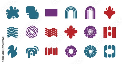 Collection of diverse abstract graphic shapes and icons in vibrant colors on white background