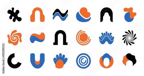 Collection of abstract geometric shapes and symbols in orange blue and black colors representing diversity