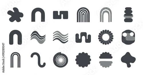 Collection of abstract modern gray shapes and icons on a white background representing diverse graphic elements