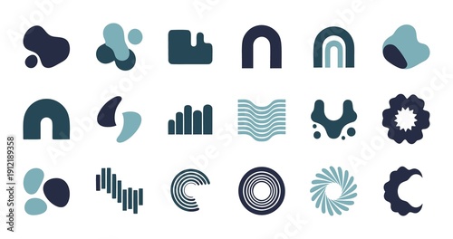 Collection of abstract geometric and organic shapes in various dark teal and light blue colors on a white background