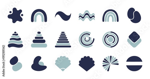 Collection of stylized abstract geometric shapes and playful icons in navy blue and teal