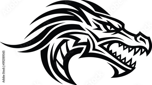 Dragon, head, silhouette, tribal, tattoo, fantasy, fire, mythical, creature, logo, emblem, fierce, beast, black, white, illustration, design, vector, mascot, symbol