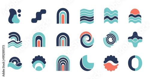 Collection of abstract organic shapes and stylized wave and rainbow symbols in a cohesive color palette