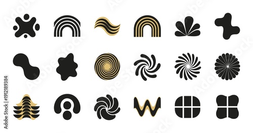 Collection of diverse abstract graphic design elements and organic shapes in black and gold colors