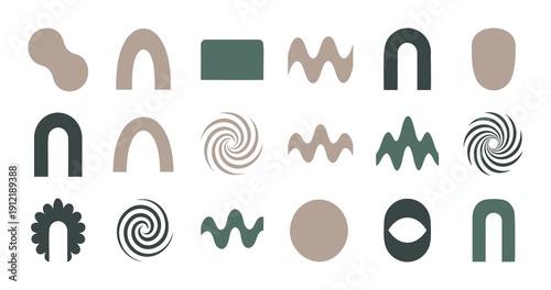 Collection of abstract geometric shapes and organic forms in muted earthy tones