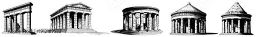Set of ancient classical architectural structures and temples in line art