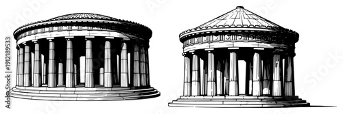 Two ancient round temples or tholos structures with columns in monochrome style