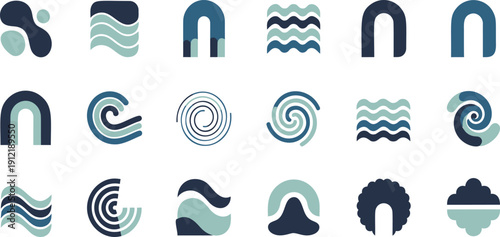 Collection of abstract geometric logo elements and symbols in soothing blue and green tones