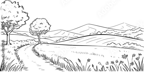 Hand drawn of a winding dirt road through rolling hills and trees with wildflowers