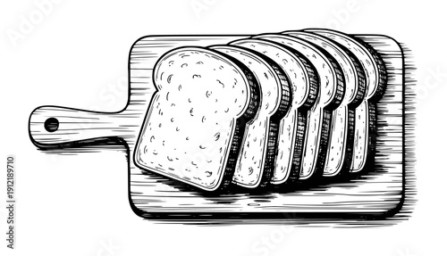 Hand drawn of sliced bread a wooden cutting board with a white background food