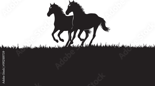 Two horses galloping across grassy field silhouette with transparent background