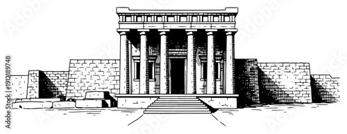 Front view of an ancient Greek temple facade with columns and stairs illustration