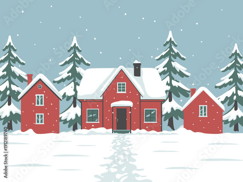 Red houses and snow covered pine trees in a winter landscape with falling snow