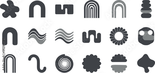 Collection of abstract modern gray shapes and icons on a white background representing diverse graph
