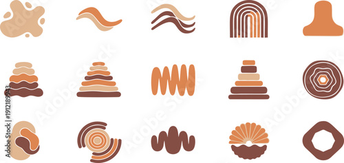 Collection of abstract shapes and stylized objects in earthy tones isolated on transparent backgroun