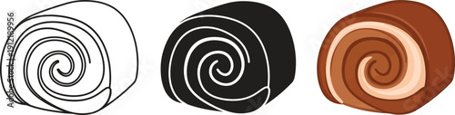 Collection of Swiss roll icons including outline silhouette and realistic styles perfect for food blogs recipes and dessert menus