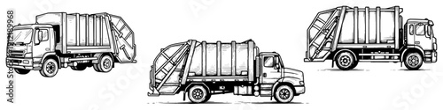 Set of garbage trucks and waste collection vehicles in sketch style