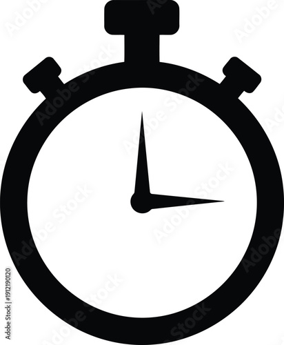 Black and white stopwatch icon with hands pointing to twelve and three o'clock on white background