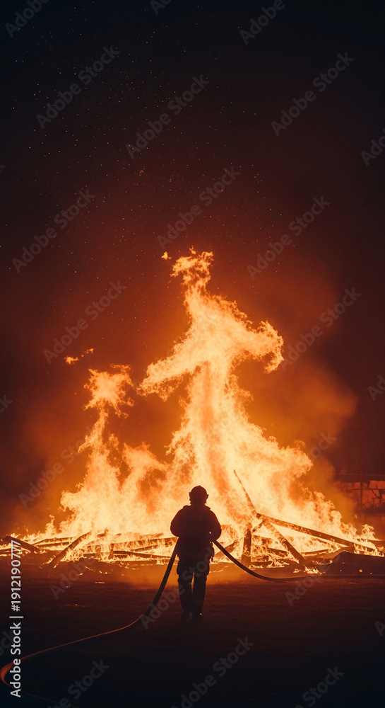 Fototapeta premium Silhouette of firefighter against large fire, depicting danger, courage, and emergency response, representing public service and protection