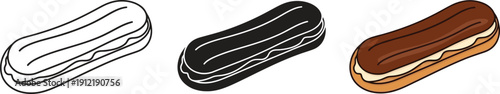 Collection of eclair icons including outline silhouette and realistic styles perfect for food blogs menus and dessert graphics