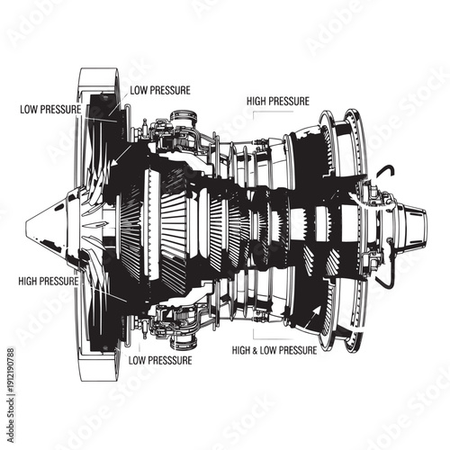Cross sectional cutaway diagram of a jet engine showing high and low pressure stages.