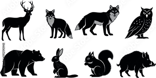 Captivating Collection of Diverse Wildlife Silhouettes Detailed Black Vector Art Featuring Forest Animals for Nature-Inspired Designs and Educational Resources
