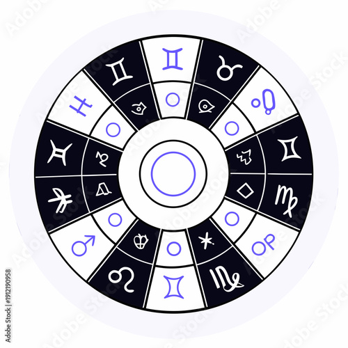Zodiac wheel with twelve signs and symbols in black white and purple