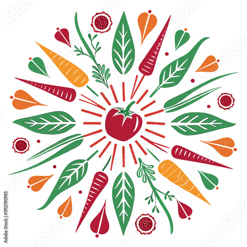 Vegetable sunburst with carrots, leaves, and tomato on white background