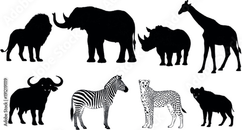 Dynamic collection of African safari animal silhouettes, showcasing the power and grace of wild creatures from the savanna, perfect for wildlife-themed designs and educational content