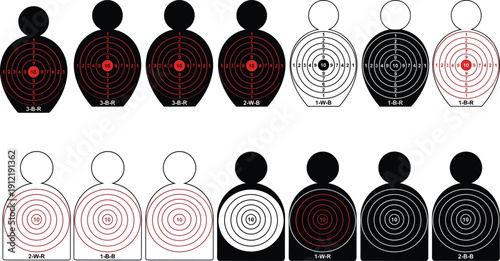 Black and white silhouette vector icon set of shooting range paper targets with bullseye rings for firearm training, practice, and sports.