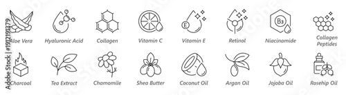 Cosmetic Ingredients Line Icon Set, Skincare and Beauty Symbols, Natural and Active Ingredient Collection