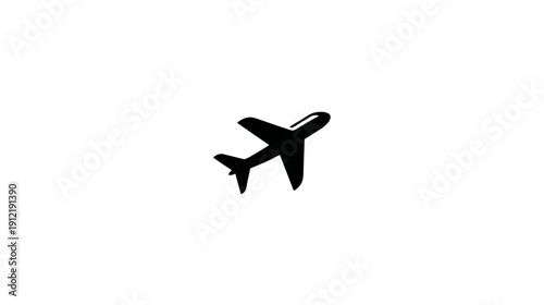 Black silhouette of an airplane flying, isolated on a clean white background. Minimalist aircraft symbol for air travel and transportation.
