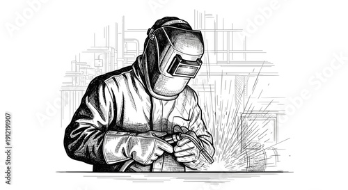 Welder Working with Sparks in Protective Gear.