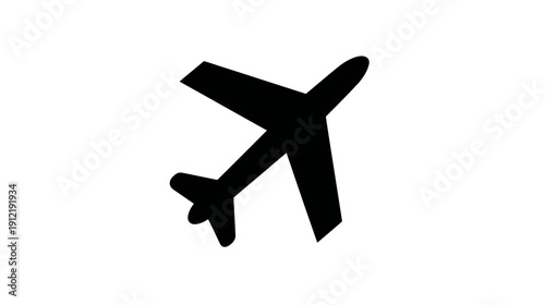 Airplane silhouette icon, black aircraft symbol on white background for travel, flight, aviation, and transportation design