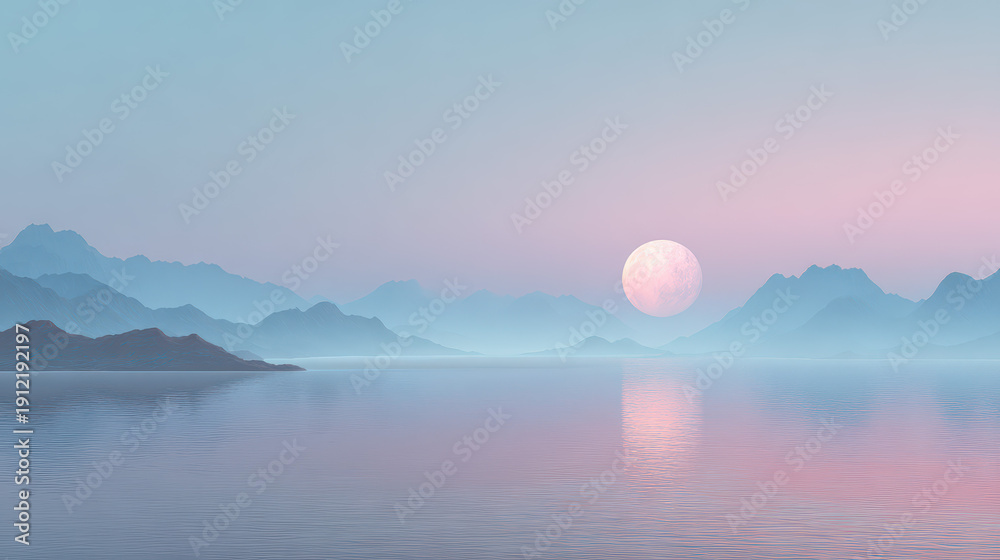 Fototapeta premium Peaceful Sunrise: Minimalist Mountain View, Pastel Sky, Calm Waters, Foggy Hills