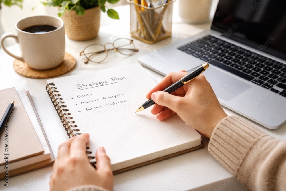 Fototapeta premium A person writing a strategic plan in a notebook, accompanied by a cup of coffee and a laptop, creating a focused and productive workspace.