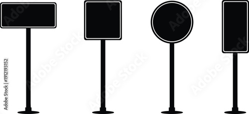 Blank road sign silhouettes set, black street signage icons collection, isolated traffic warning and information boards for urban navigation and city infrastructure design.