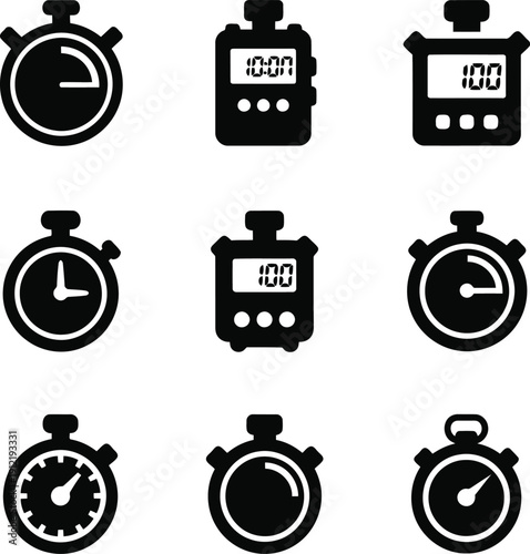 Collection of black and white stopwatch and digital timer icons for sports and time management.