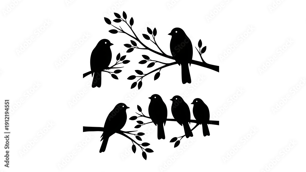 Fototapeta premium Black birds sitting on branches with leaves isolated on a transparent background 2