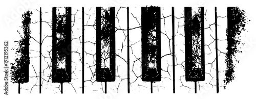 Heavily cracked and distressed piano keyboard texture in grunge ink style