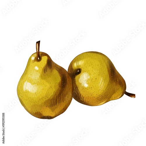Fresh yellow pears sit close to each other with details on surface texture in simple design against a plain background