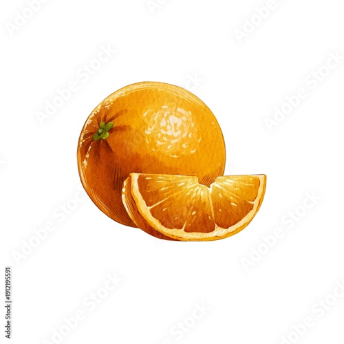 Fresh orange and a sliced segment on a plain background showing bright colors and simple shapes