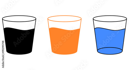 Three glasses filled with different colored liquids placed side by side. isolated on transparent background, Vector